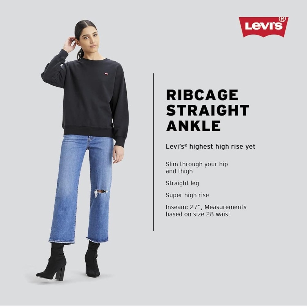 Levis Womens Ribcage Straight Ankle Jeans Dark Indigo Destructed High Rise Jeans - Picture 3 of 5